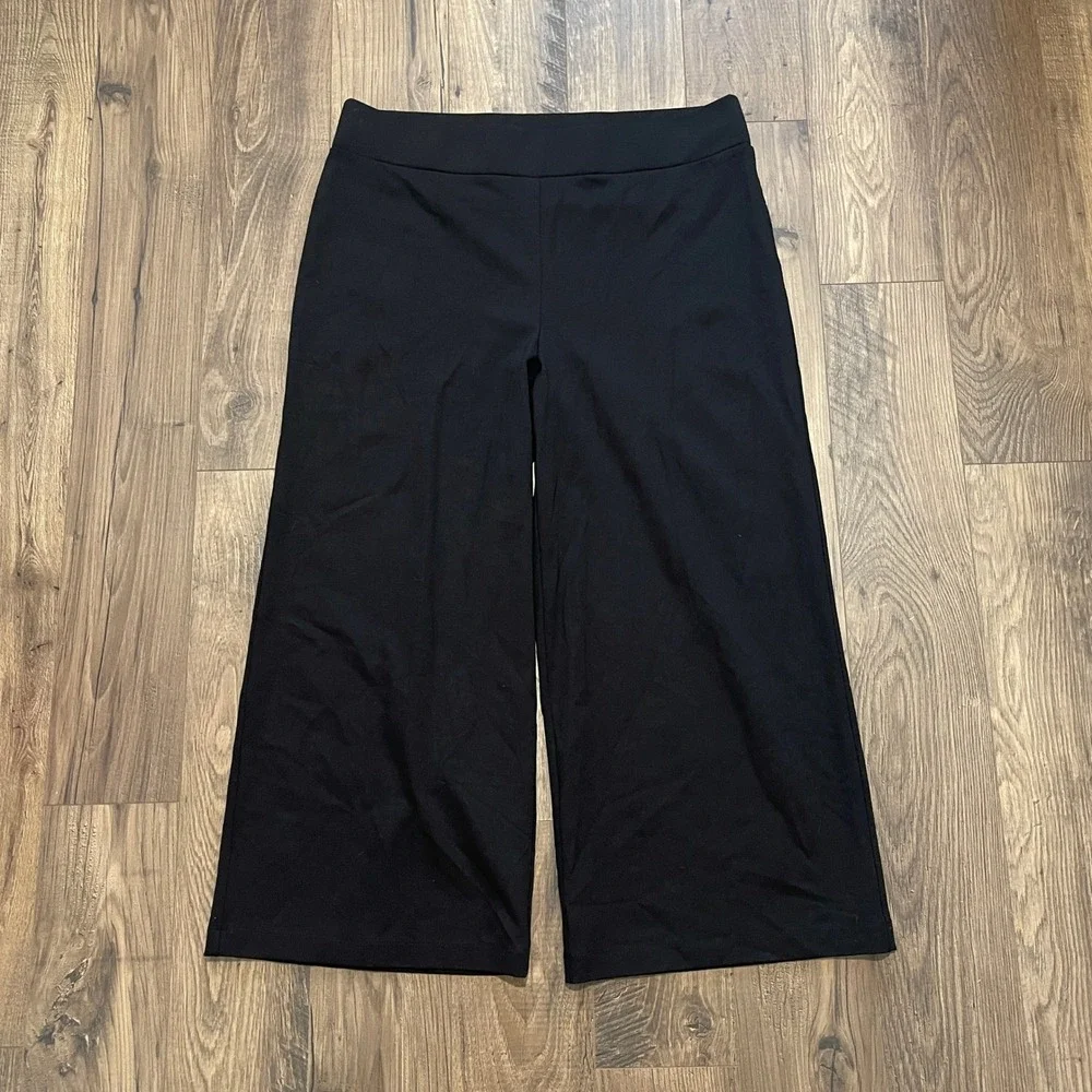 Ann Taylor Factory Womens Black Wide Leg Cropped Pull On Pants Size L